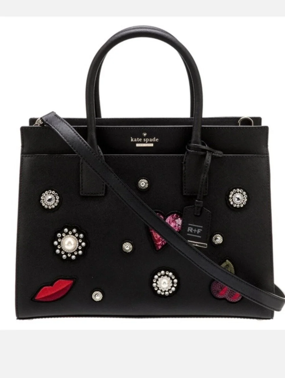 Kate Spade Black Leather & Embellished Applique Satchel w/ 2 Straps EUC